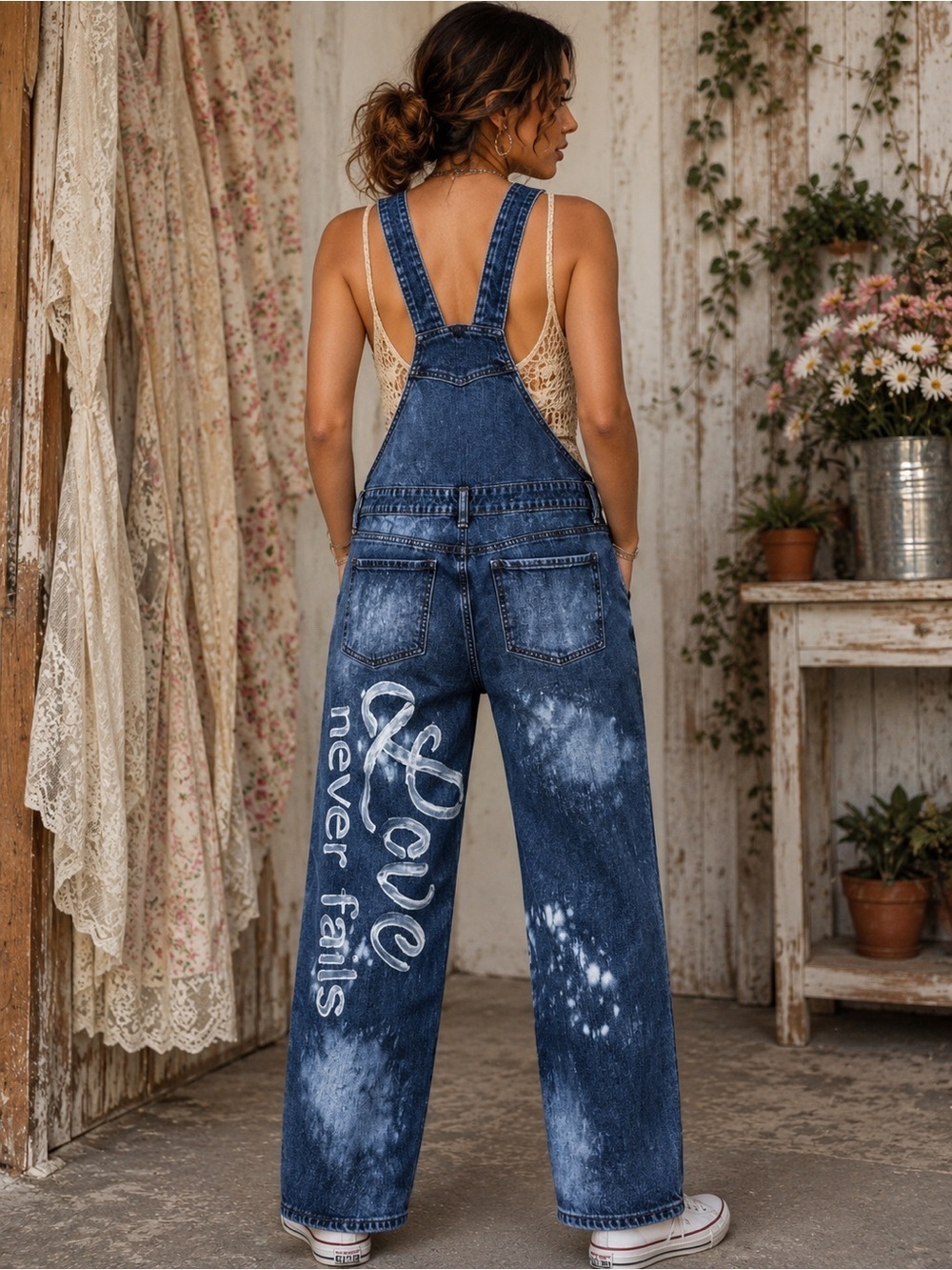 Overall Floral Boho Denim Old Navy Size 18 (Fits size L/ XL women’s) Upcycle - Picture 15 of 15